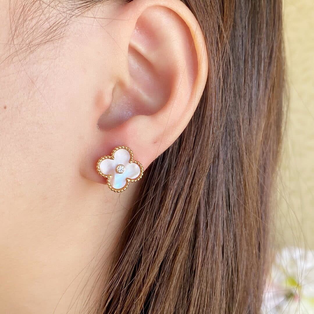 Van Cleef & Arpels Alhambra Earrings with Pink Opal and Diamond